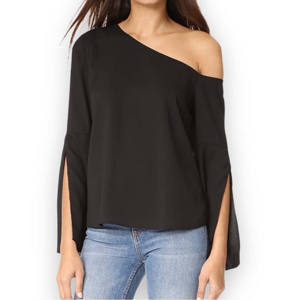 cooper & ella Black One-Shoulder Split-Sleeve Blouse